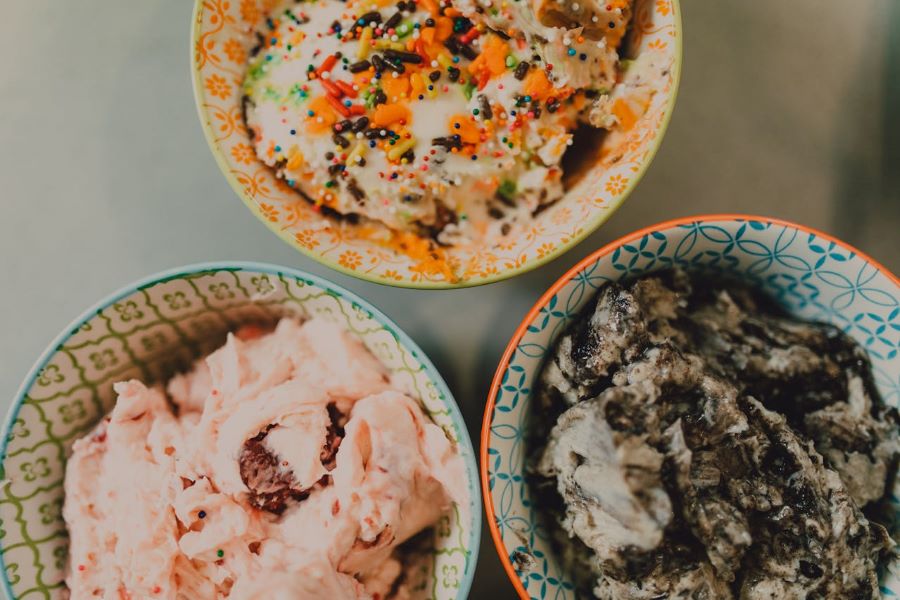 Three bowls of different ice cream