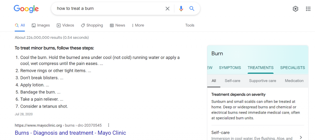 Google featured snippet when searching "how to treat a burn"