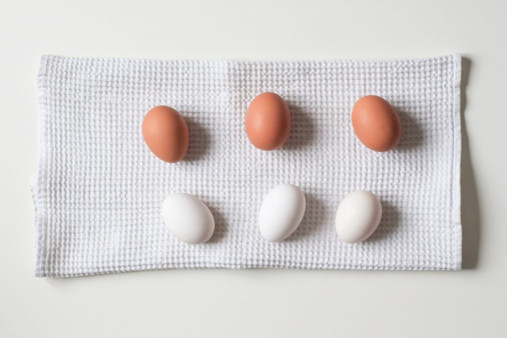 brown and white eggs on white towel