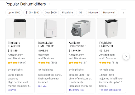 Popular Dehumidifiers Organic Search Results